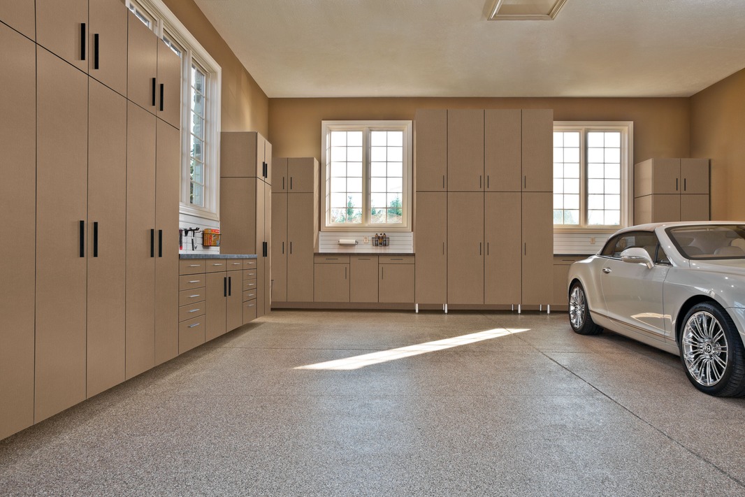 Custom garage cabinet system with heavy-duty countertops