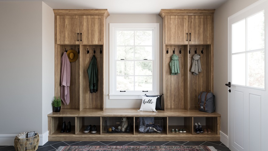 Mudroom entryway with coat hooks and cubbies